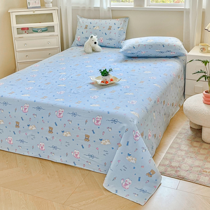 91家纺网 家纺一手货源 找家纺 优米家纺 2025新款ins小清新双层纱印花床单 奇趣乐园