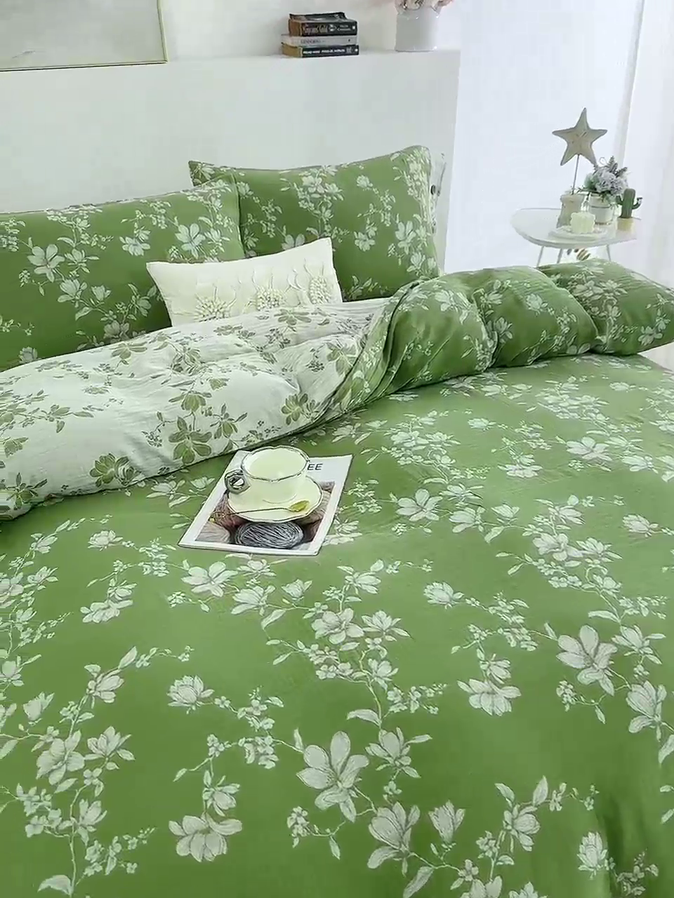 91家纺网 家纺一手货源 找家纺 鲁爱家纺供货 2025新款全棉色织双层纱纽扣四件套 喜上眉梢-绿