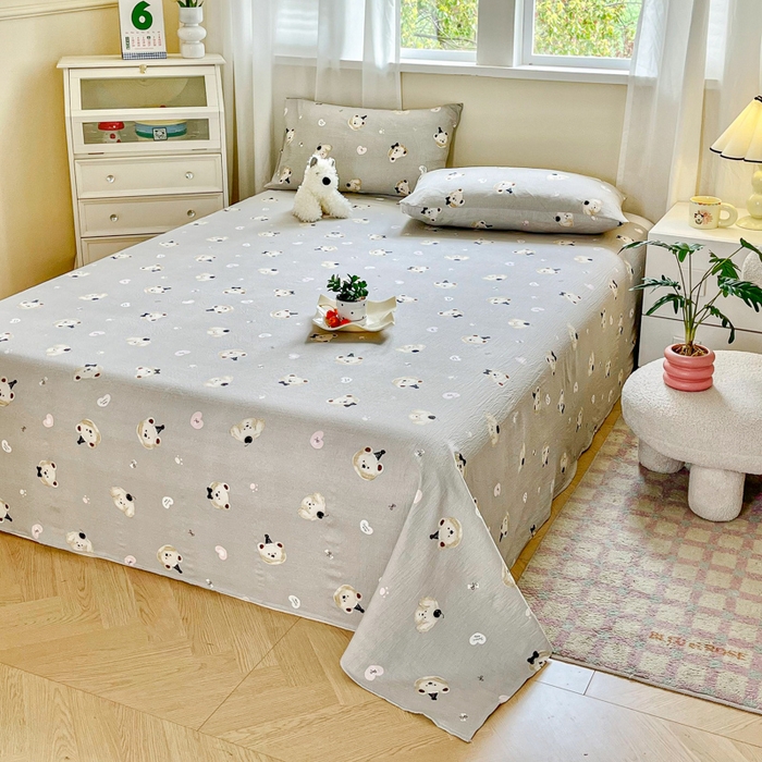 91家纺网 家纺一手货源 找家纺 优米家纺 2025新款ins小清新双层纱印花床单 爱心熊