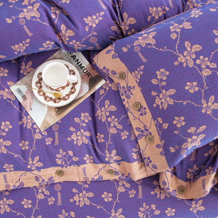 91家纺网 家纺一手货源 找家纺 鲁爱家纺供货 2025新款全棉色织双层纱纽扣四件套 春晖-紫罗兰