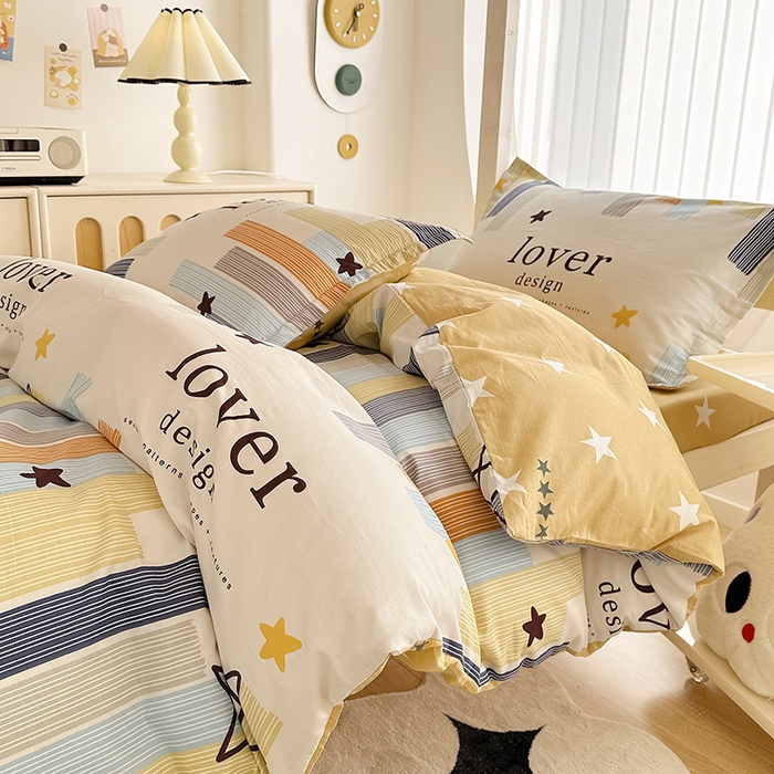 91家纺网 家纺一手货源 找家纺 卡普 2025新款爆款加厚卡通小清新全棉纯棉学生宿舍三件套床笠隔天可拿星光条纹