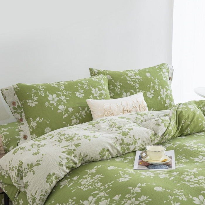 91家纺网 家纺一手货源 找家纺 鲁爱家纺供货 2025新款全棉色织双层纱纽扣四件套 喜上眉梢-绿