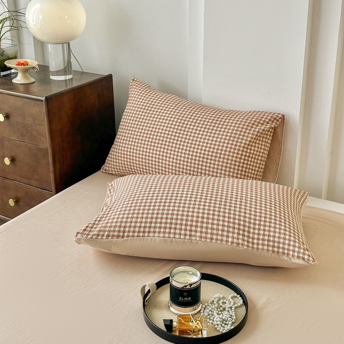 91家纺网 家纺一手货源 找家纺 优米家纺 2025新款色织双层纱木棉四件套 卡其小格