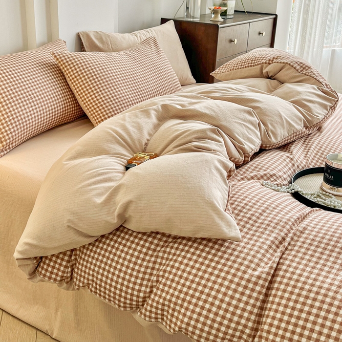 91家纺网 家纺一手货源 找家纺 优米家纺 2025新款色织双层纱木棉四件套 卡其小格