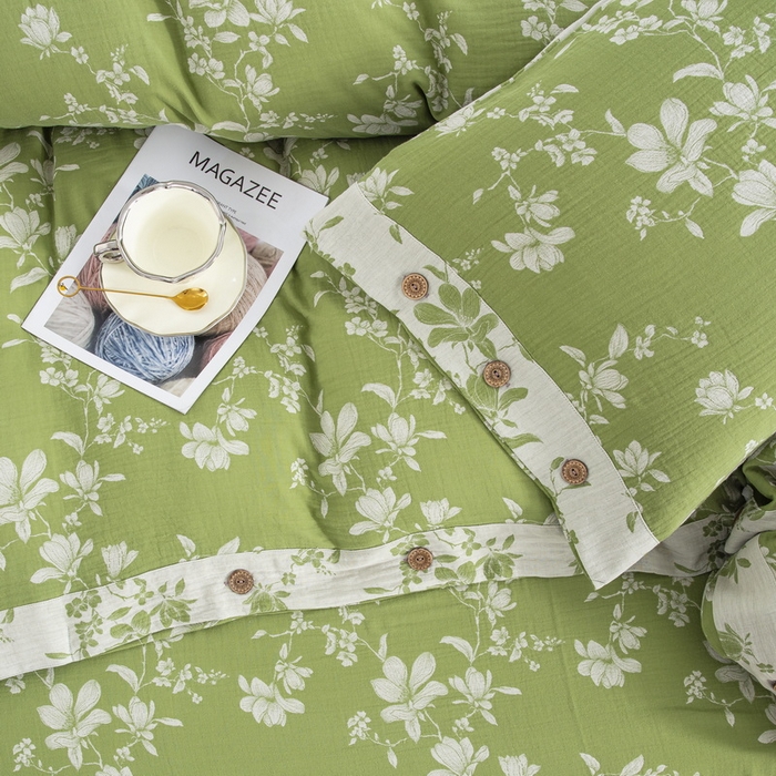 91家纺网 家纺一手货源 找家纺 鲁爱家纺供货 2025新款全棉色织双层纱纽扣四件套 喜上眉梢-绿