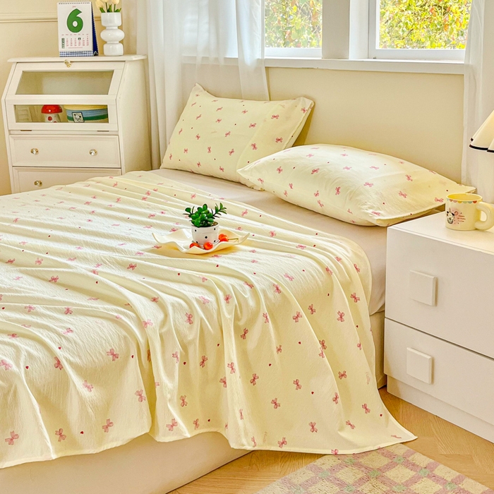 91家纺网 家纺一手货源 找家纺 优米家纺 2025新款ins小清新双层纱印花床单 蝴蝶结