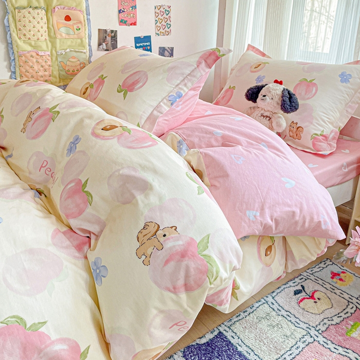 91家纺网 家纺一手货源 找家纺 卡普 2025新款爆款加厚卡通小清新全棉纯棉学生宿舍三件套床笠隔天可拿蜜桃松鼠