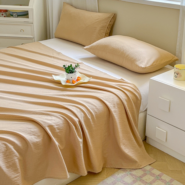 91家纺网 家纺一手货源 找家纺 优米家纺 2025新款ins小清新双层纱印花床单 焦糖