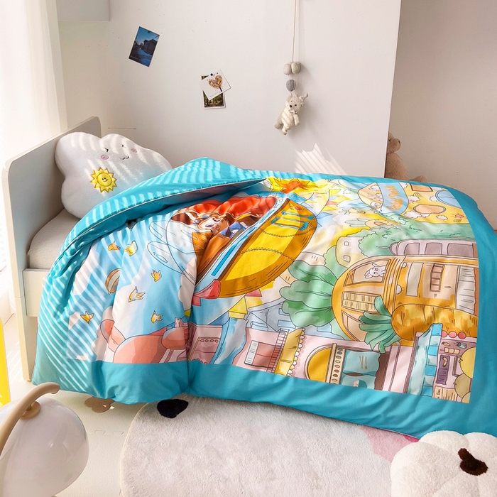 91家纺网 家纺一手货源 找家纺 梵赫 2025新款卡通全棉A类夹棉两用幼儿园儿童夏被被套 飞船部落