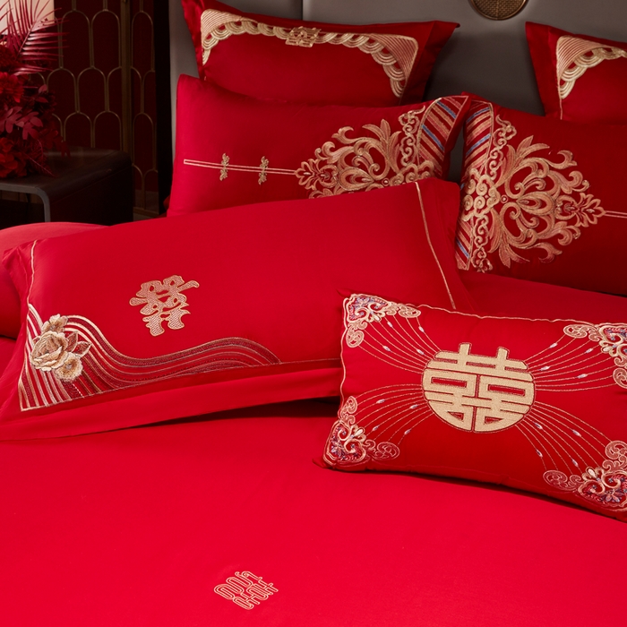 91家纺网 家纺一手货源 找家纺 振翼家纺婚庆专供 2025新款全棉长绒棉婚庆精致绣花四件套 喜相连金