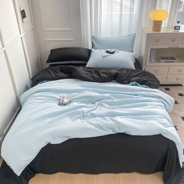 91家纺网 家纺一手货源 找家纺 乐沐家纺 2024新款夏季水洗冰丝四件套水洗真丝纯色双拼单被套-风格二 天蓝墨黑