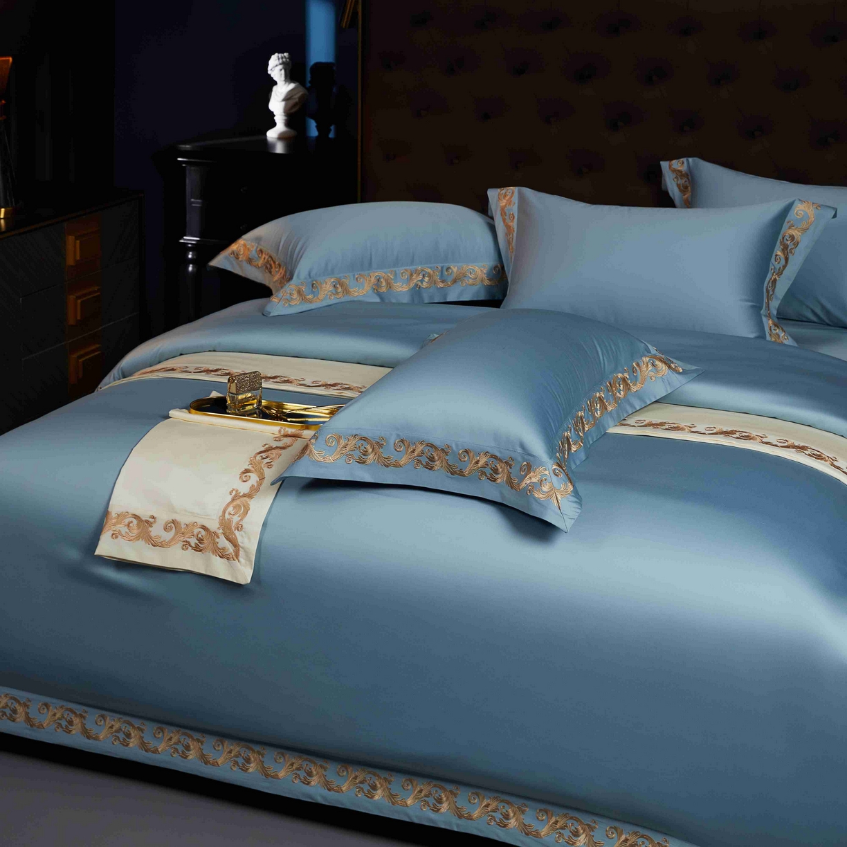 91家纺网 家纺一手货源 找家纺 缔缦 2025新款高端定织面料S140长绒棉精梳棉重磅刺绣四件套罗莎系列 罗莎 兰