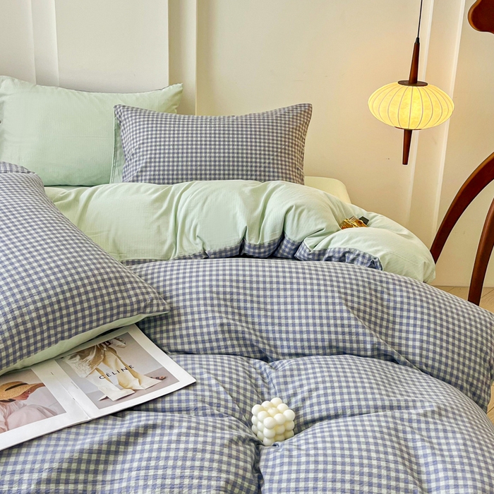 91家纺网 家纺一手货源 找家纺 优米家纺 2025新款色织双层纱木棉四件套 淡雅蓝+香草绿