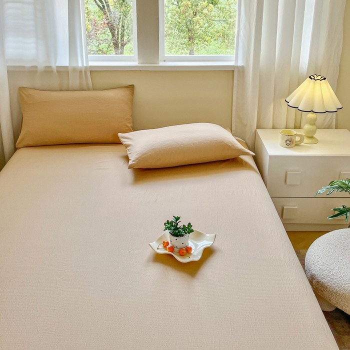 91家纺网 家纺一手货源 找家纺 优米家纺 2025新款ins小清新双层纱印花床单 焦糖