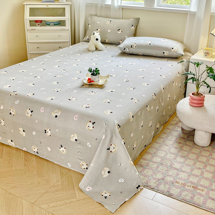 91家纺网 家纺一手货源 找家纺 优米家纺 2025新款ins小清新双层纱印花床单 爱心熊