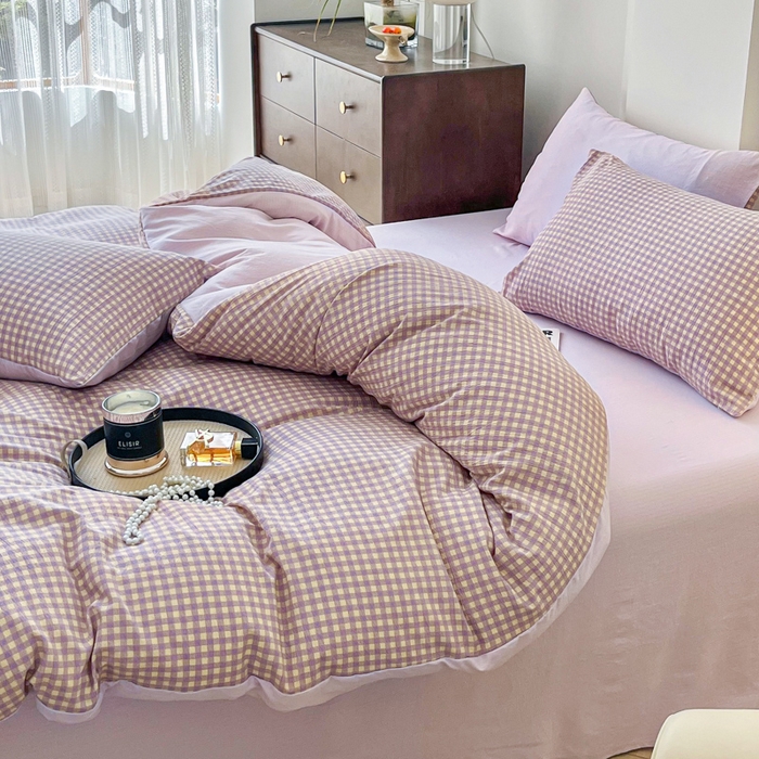 91家纺网 家纺一手货源 找家纺 优米家纺 2025新款色织双层纱木棉四件套 薰衣草紫+浅黄