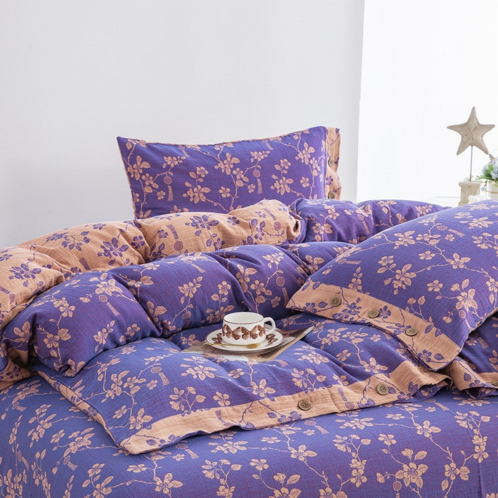 91家纺网 家纺一手货源 找家纺 鲁爱家纺供货 2025新款全棉色织双层纱纽扣四件套 春晖-紫罗兰