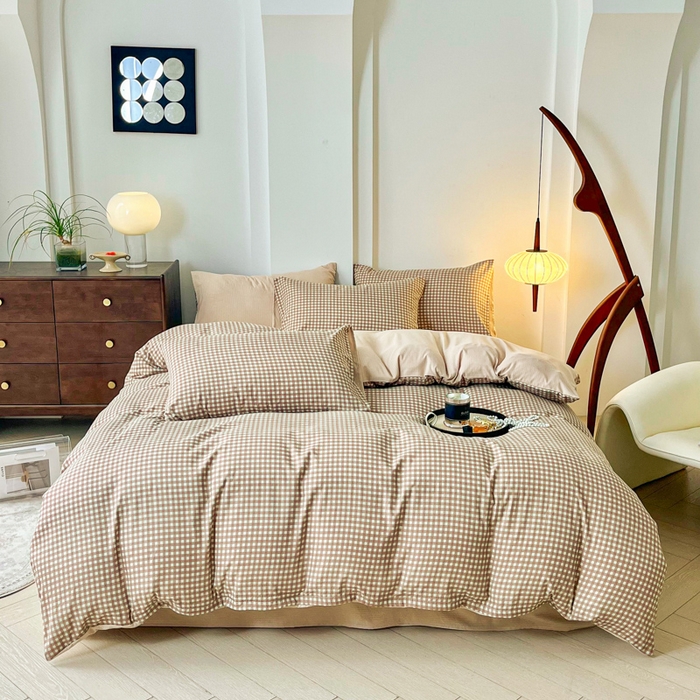 91家纺网 家纺一手货源 找家纺 优米家纺 2025新款色织双层纱木棉四件套 奶咖小格