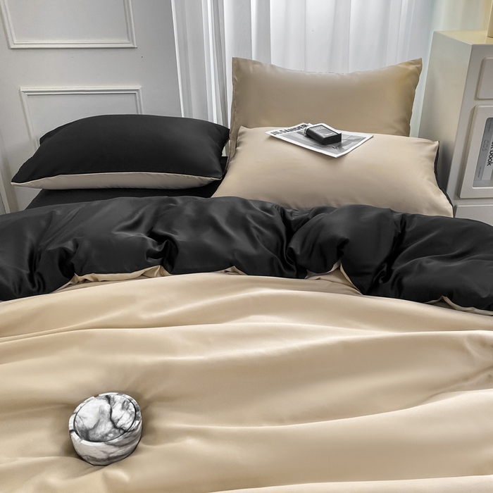 91家纺网 家纺一手货源 找家纺 乐沐家纺 2024新款夏季水洗冰丝四件套水洗真丝纯色双拼单被套-风格二 奶茶墨黑