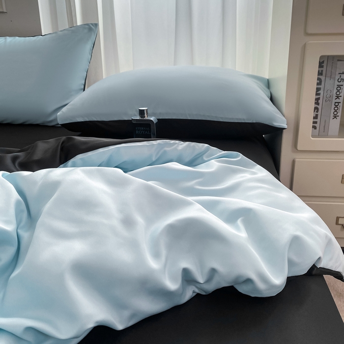 91家纺网 家纺一手货源 找家纺 乐沐家纺 2024新款夏季水洗冰丝四件套水洗真丝纯色双拼单被套-风格二 天蓝墨黑