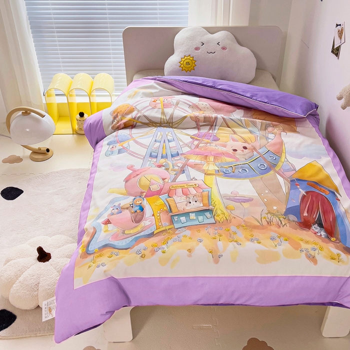 91家纺网 家纺一手货源 找家纺 梵赫 2025新款卡通全棉A类夹棉两用幼儿园儿童夏被被套 摩天轮-紫