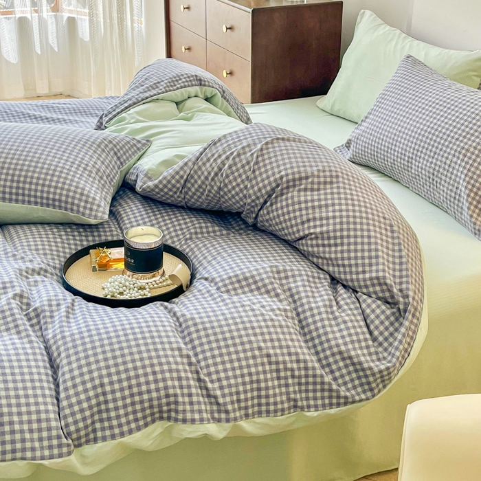 91家纺网 家纺一手货源 找家纺 优米家纺 2025新款色织双层纱木棉四件套 淡雅蓝+香草绿