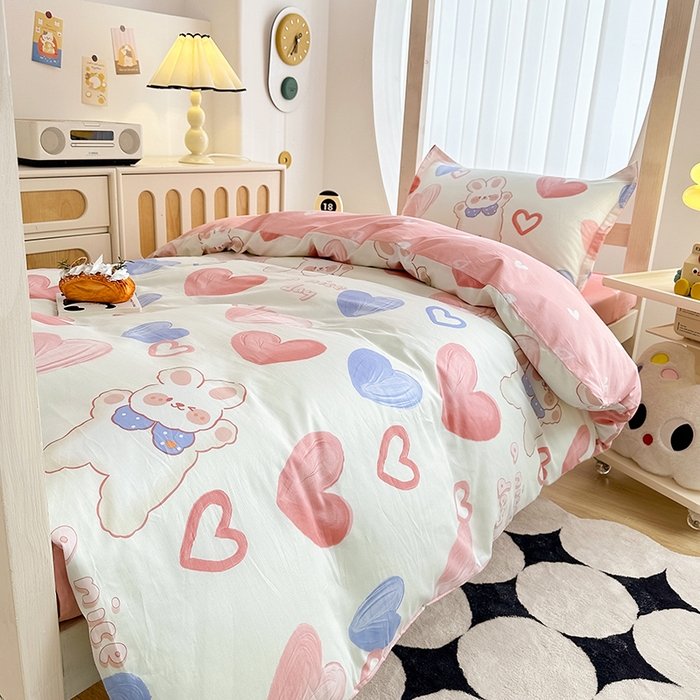 91家纺网 家纺一手货源 找家纺 卡普 2025新款爆款加厚卡通小清新全棉纯棉学生宿舍三件套床笠隔天可拿小兔可可