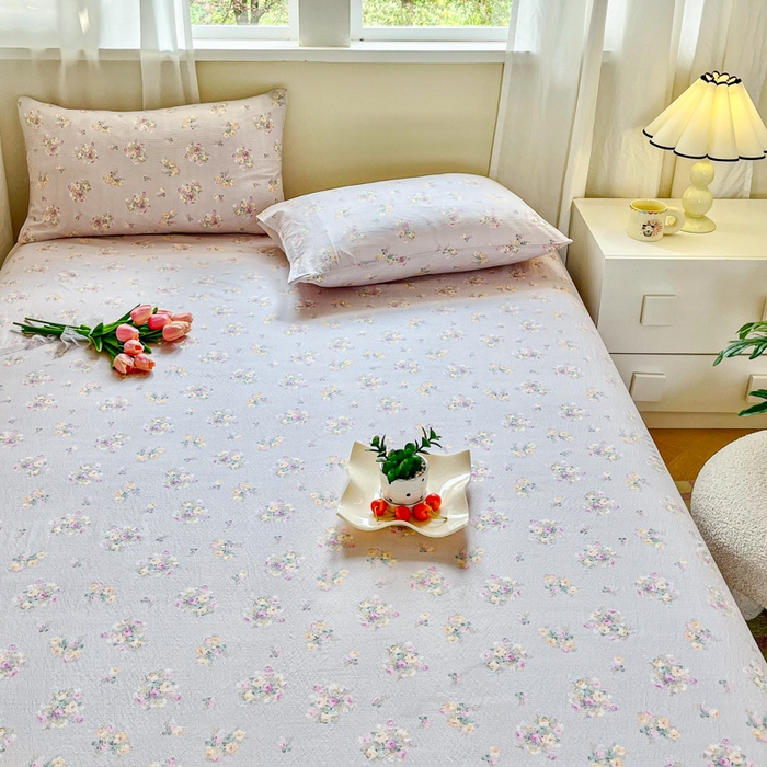 91家纺网 家纺一手货源 找家纺 优米家纺 2025新款ins小清新双层纱印花床单 罗曼花园