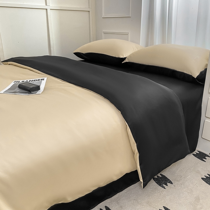 91家纺网 家纺一手货源 找家纺 乐沐家纺 2024新款夏季水洗冰丝四件套水洗真丝纯色双拼单被套-风格二 奶茶墨黑