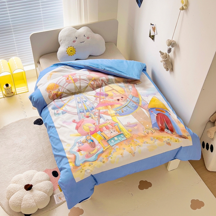 91家纺网 家纺一手货源 找家纺 梵赫 2025新款卡通全棉A类夹棉两用幼儿园儿童夏被被套 摩天轮-蓝