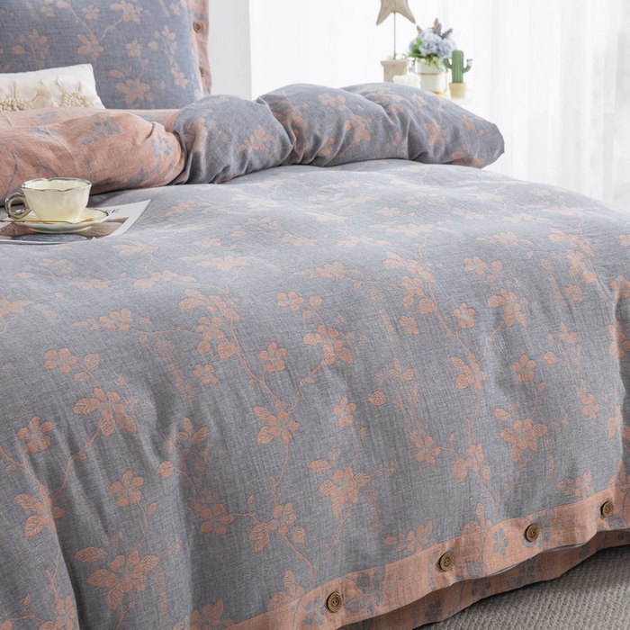 91家纺网 家纺一手货源 找家纺 鲁爱家纺供货 2025新款全棉色织双层纱纽扣四件套 春晖-粉灰