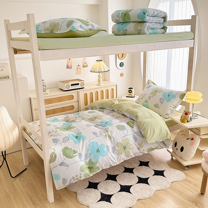 91家纺网 家纺一手货源 找家纺 卡普二店 2024新款爆款加厚卡通小清新全棉纯棉学生宿舍三件套床笠隔天可拿 花汀叶妤