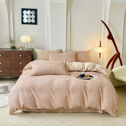 优米家纺 2025新款色织双层纱木棉四件套 卡其小格