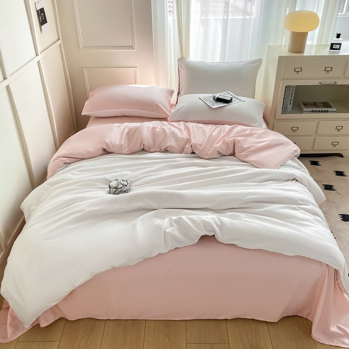 91家纺网 家纺一手货源 找家纺 乐沐家纺 2024新款夏季水洗冰丝四件套水洗真丝纯色双拼单被套-风格二 奶油粉白