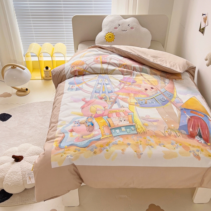 91家纺网 家纺一手货源 找家纺 梵赫 2025新款卡通全棉A类夹棉两用幼儿园儿童夏被被套 摩天轮-黄