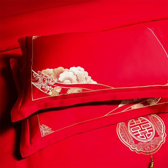 91家纺网 家纺一手货源 找家纺 振翼家纺婚庆专供 2025新款全棉长绒棉婚庆精致绣花四件套 玫瑰天使金