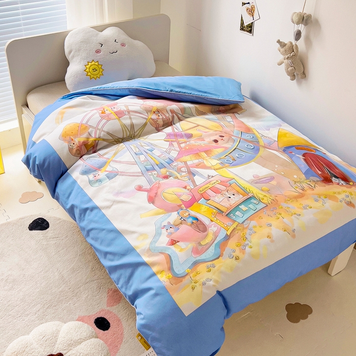91家纺网 家纺一手货源 找家纺 梵赫 2025新款卡通全棉A类夹棉两用幼儿园儿童夏被被套 摩天轮-蓝