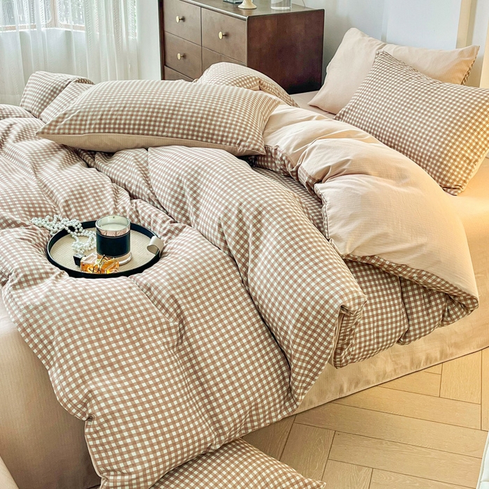 91家纺网 家纺一手货源 找家纺 优米家纺 2025新款色织双层纱木棉四件套 奶咖小格