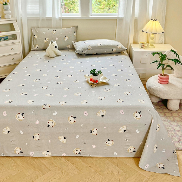 91家纺网 家纺一手货源 找家纺 优米家纺 2025新款ins小清新双层纱印花床单 爱心熊