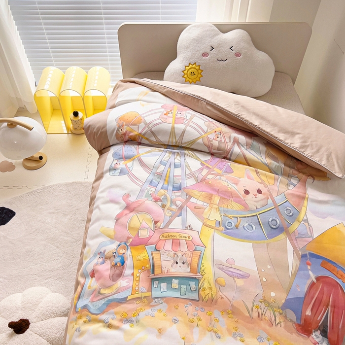 91家纺网 家纺一手货源 找家纺 梵赫 2025新款卡通全棉A类夹棉两用幼儿园儿童夏被被套 摩天轮-黄