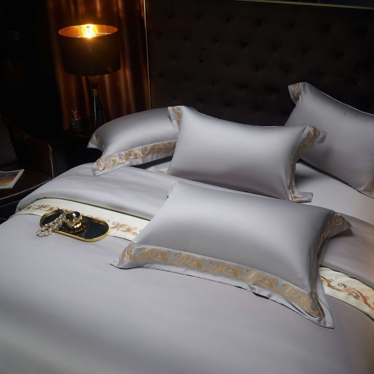 91家纺网 家纺一手货源 找家纺 缔缦 2025新款高端定织面料S140长绒棉精梳棉重磅刺绣四件套罗莎系列 高级灰