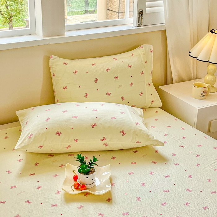 91家纺网 家纺一手货源 找家纺 优米家纺 2025新款ins小清新双层纱印花床单 蝴蝶结