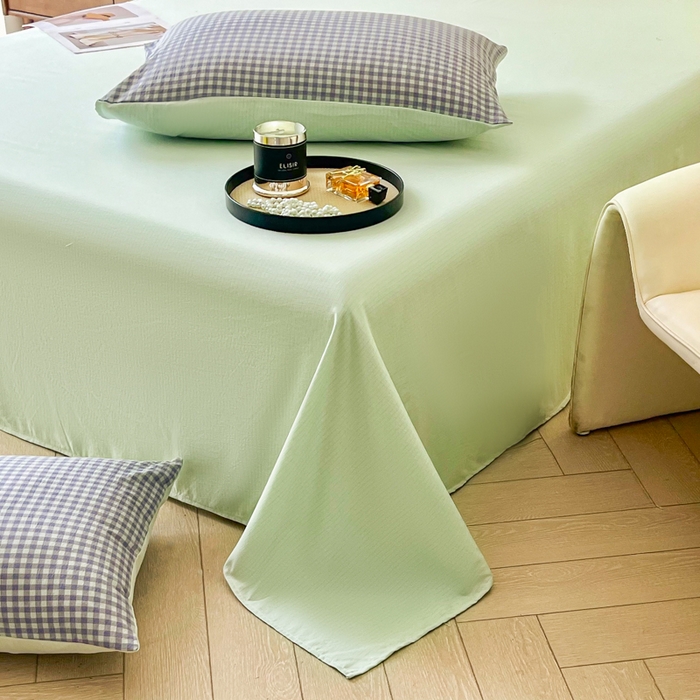 91家纺网 家纺一手货源 找家纺 优米家纺 2025新款色织双层纱木棉四件套 淡雅蓝+香草绿