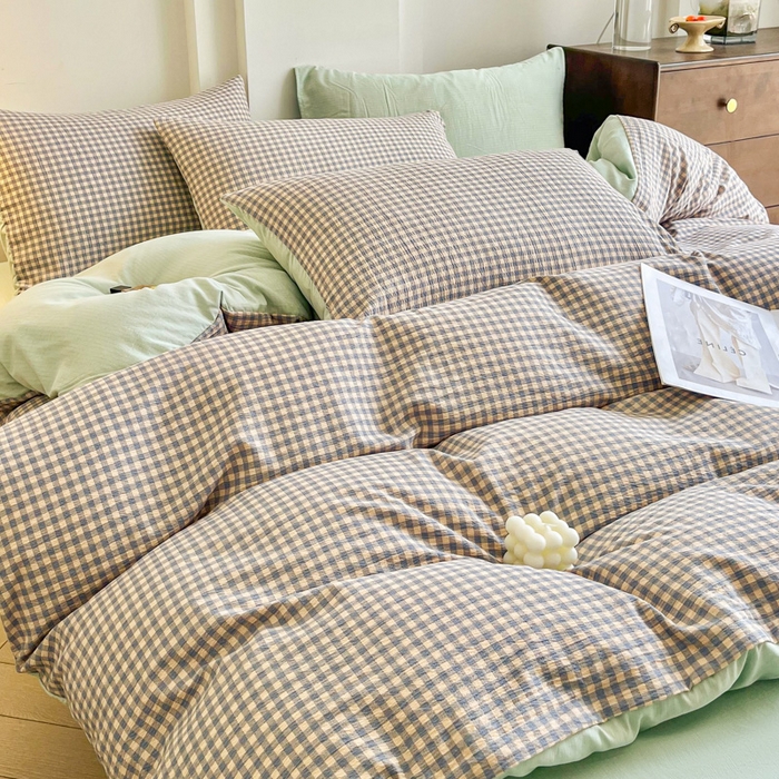 91家纺网 家纺一手货源 找家纺 优米家纺 2025新款色织双层纱木棉四件套 雾霾蓝+香草绿