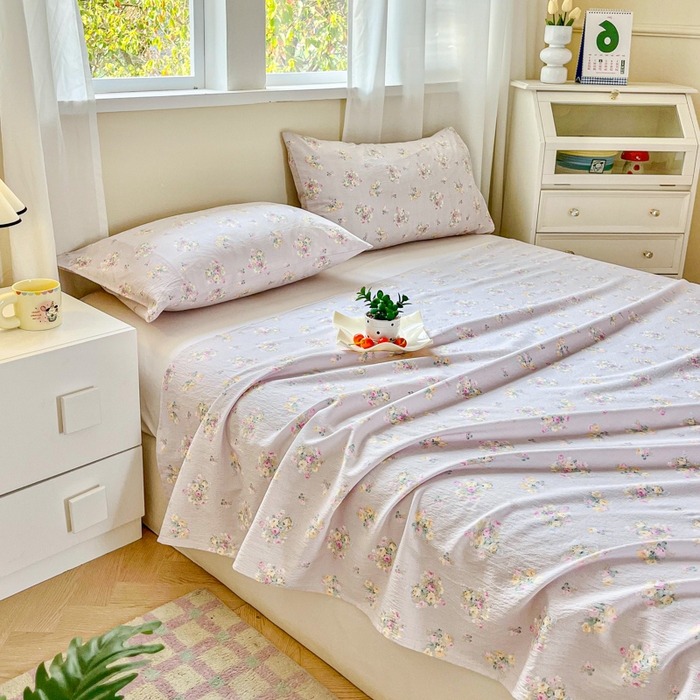 91家纺网 家纺一手货源 找家纺 优米家纺 2025新款ins小清新双层纱印花床单 罗曼花园