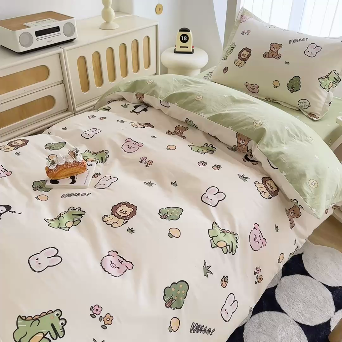 91家纺网 家纺一手货源 找家纺 卡普 2025新款爆款加厚卡通小清新全棉纯棉学生宿舍三件套床笠隔天可拿野餐派对