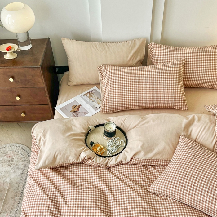 91家纺网 家纺一手货源 找家纺 优米家纺 2025新款色织双层纱木棉四件套 卡其小格