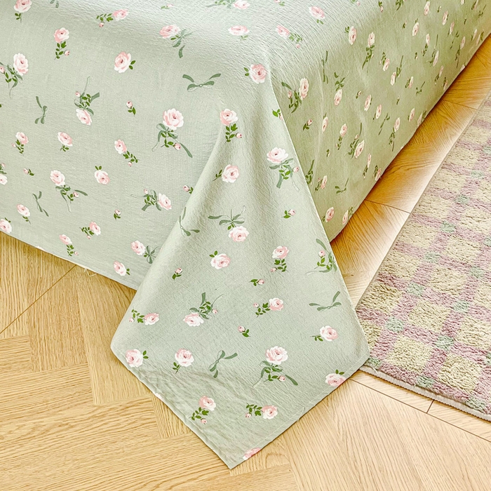 91家纺网 家纺一手货源 找家纺 优米家纺 2025新款ins小清新双层纱印花床单 午后蔷薇