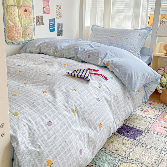 91家纺网 家纺一手货源 找家纺 卡普 2025新款爆款加厚卡通小清新全棉纯棉学生宿舍三件套床笠隔天可拿小橘柑