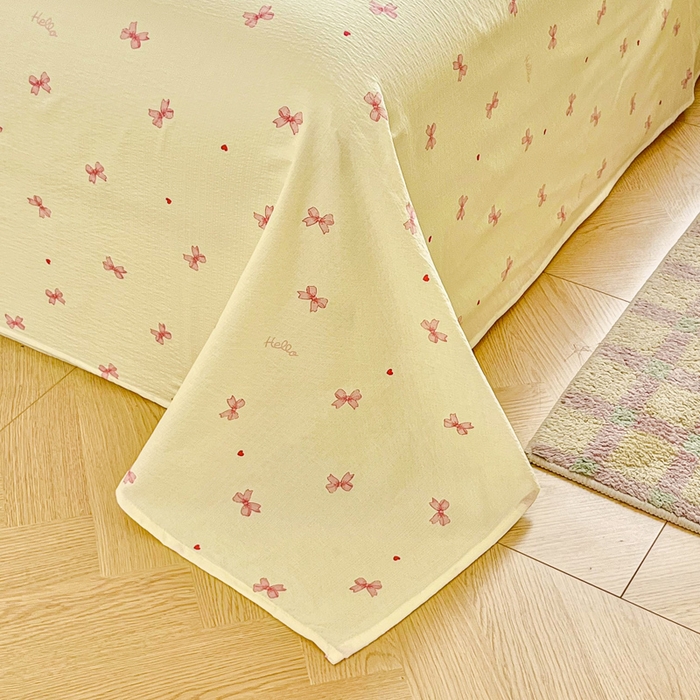 91家纺网 家纺一手货源 找家纺 优米家纺 2025新款ins小清新双层纱印花床单 蝴蝶结